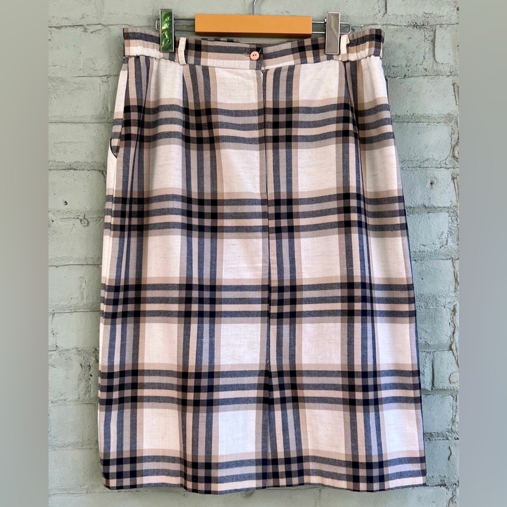 Vintage Plaid Midi Skirt in Beige and Navy Blue - large - Picture 5 of 7
